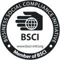 BSCI (Business Social Compliance Initiative) logo with a hand holding a globe against a white background.