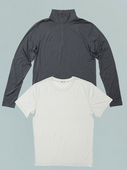 Gray long-sleeve shirt and white t-shirt on a light gray background