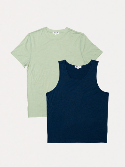 Light green t-shirt and navy tank top on a white background