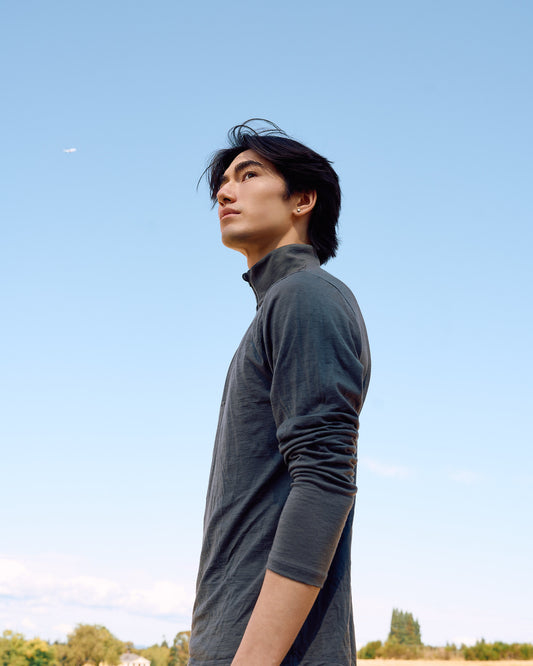 man wearing merino wool quarter zip